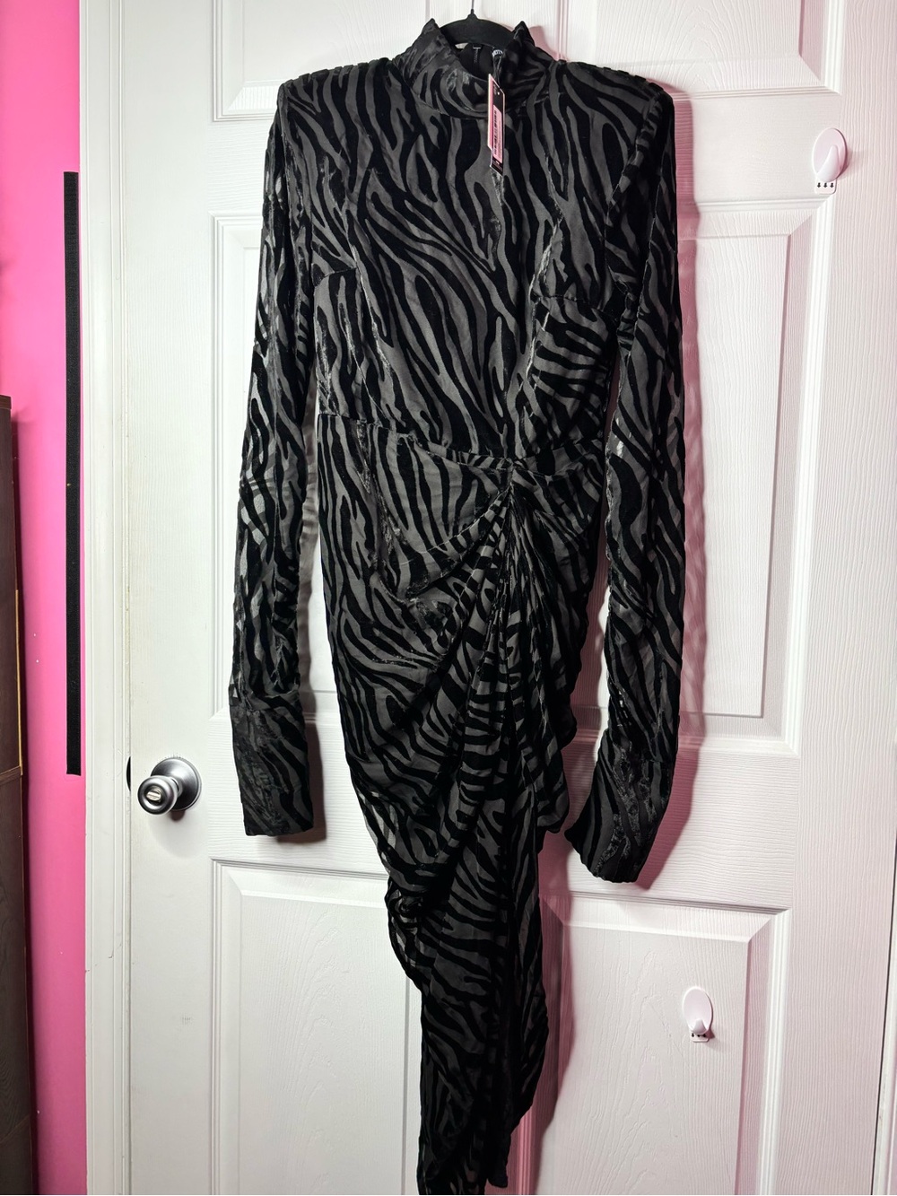 PrettyLittleThing NWT Black & Grey Zebra Print Textured Velvet High-Neck Dress